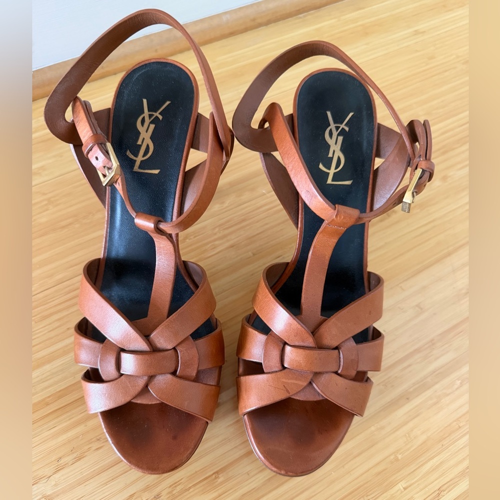 YSL Yves Saint Laurent Tan Leather Tribute Knot-Strap Platform Sandals Size 38.5